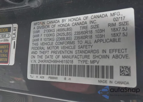 2017 Honda Cr-V Touring z USA, uszkodzony, nr VIN 2HKRW2H99HH615018